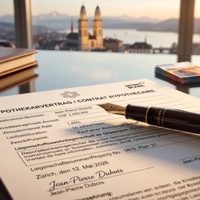 Bureau élégant avec contrat hypothécaire, stylo de luxe et tablette affichant des courbes de taux d'intérêt suisses, représentant la gestion d'un crédit immobilier premium.