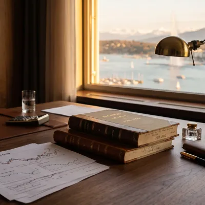Bureau d'analyste financier genevois, courbes de taux imprimées et archives bancaires posées sur une table en noyer, lac Léman visible au fond.