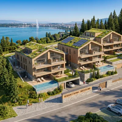 Bâtiment moderne et écologique avec toiture végétalisée dans un écoquartier genevois, illustrant la transition énergétique urbaine.