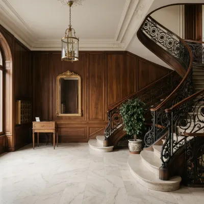 Hall d'entrée d'un immeuble de standing genevois, marbre clair et boiseries, escalier en colimaçon
