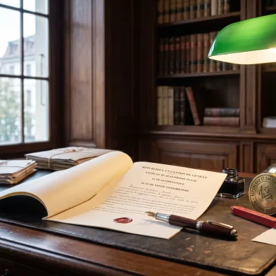 Bureau de notaire genevois, acte authentique ouvert sur un sous-main de cuir, stylo et cachet officiel