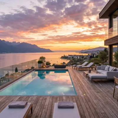 Terrasse de luxe en bois thermo-traité avec piscine à débordement donnant sur le lac Léman, exemple d'aménagement extérieur premium sur la rive genevoise.