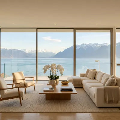 Salon intérieur d'une villa de luxe au bord du lac Léman à Genève, avec mobilier haut de gamme et vue panoramique sur l'eau, proposée en location courte durée premium.